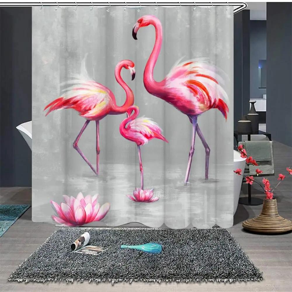 RnnJoile Flamingo Shower Curtains for Bathroom Tropical Shower Curtain Pink and Gray Fabric Bathroom Decor with Hooks