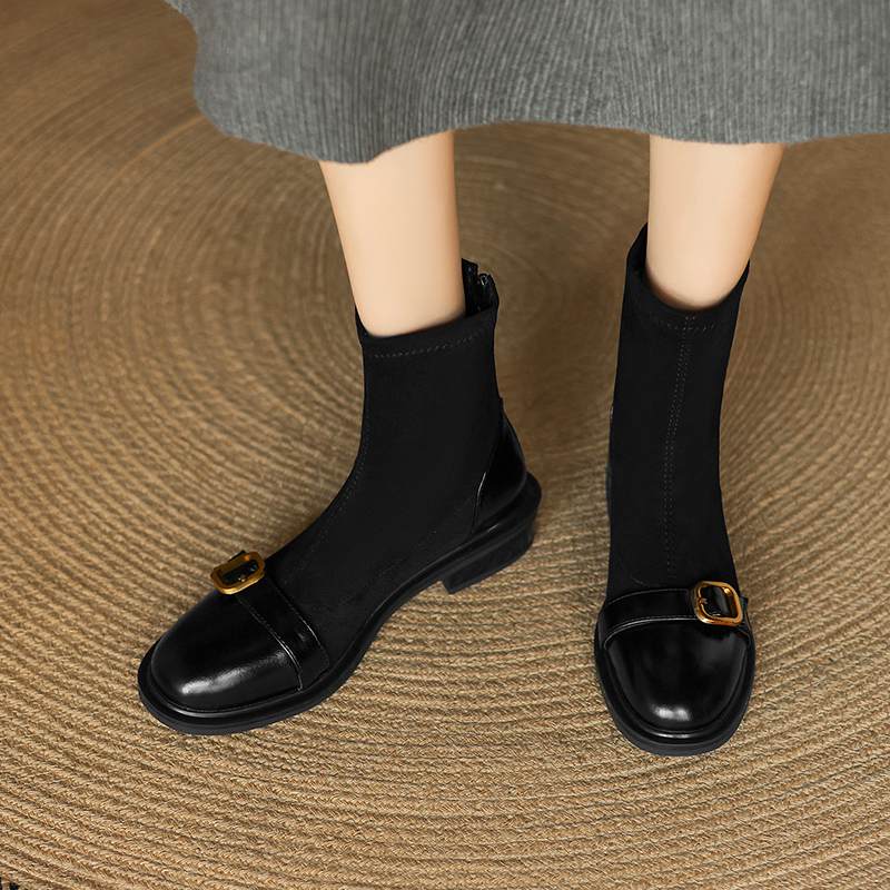 Krazing Po Microfiber Flock Winter Round Toe Size 33 Chelsea Boots Size 43 Zipper Metal Buckle Low Heels Ankle Boots