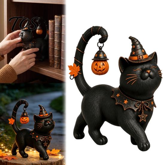 Small Statue for Balcony Halloween Black Cat Wearing Hat Figurine, Resin Witch Dark Style Figurine Desk Shelf, Spooky Cute Home Decor, Gift