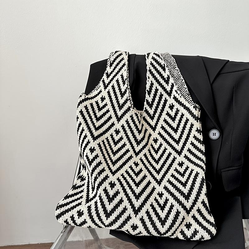 Fashion Geometric Contrast Color Handmade Knitted Handbag Women Minimalist Knot Shoulder Bag Summer Beach Bag