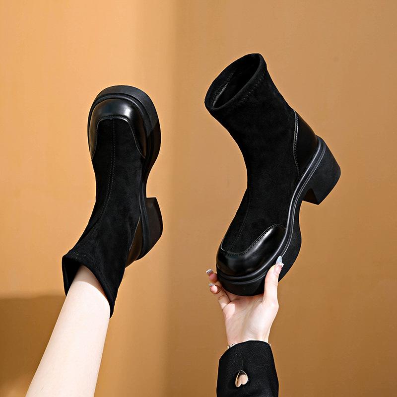 thick-soled thick-heeled Martin boots for women's 2025 autumn new thin boots versatile fashion height-increasing and thin elastic short boots