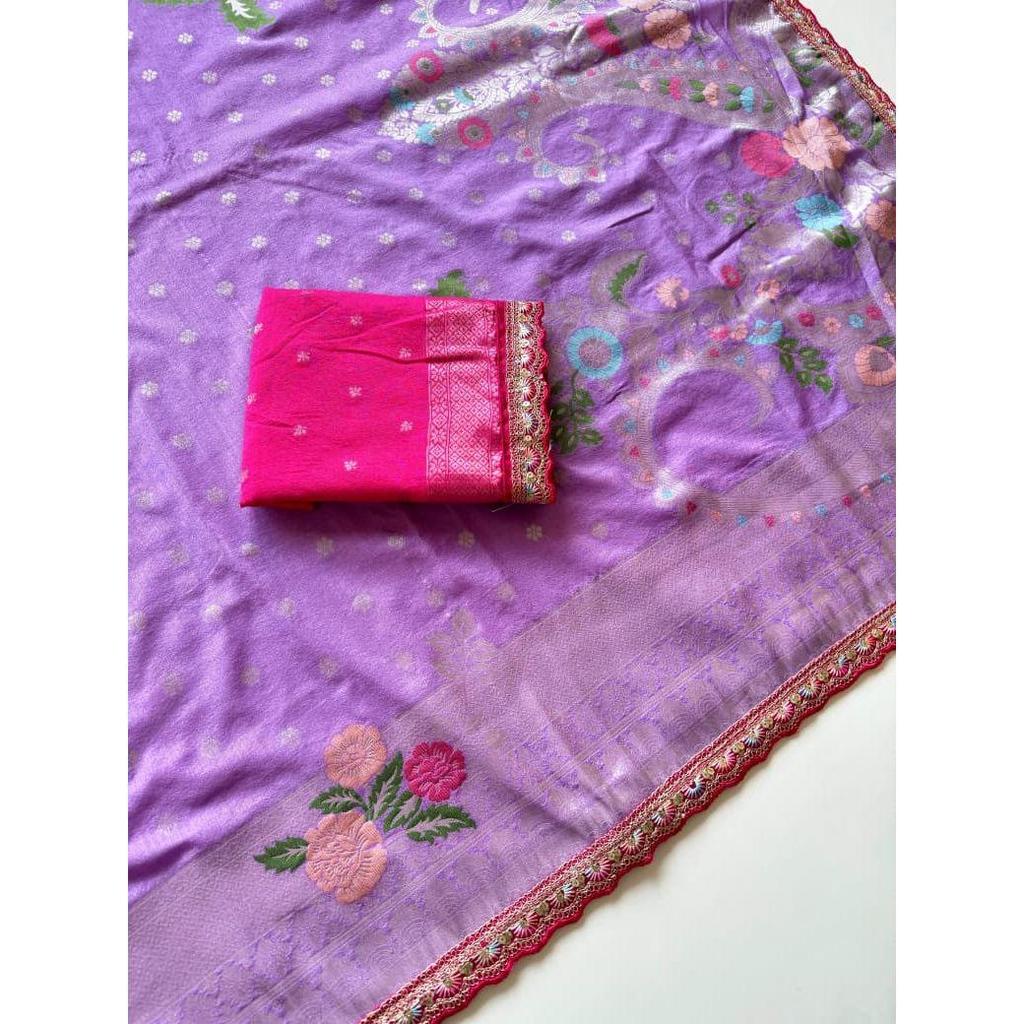 Pure Khaddi Crep Georgette Minakari Petch Work Butta Border With Open Weveing Rich Rich Pallu Saree With Running Blouse Piece