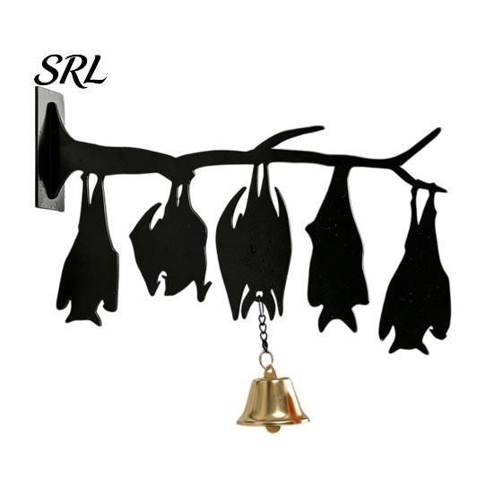 Easy Assembly Wall Mount Halloween Hanging Decor, Matte Black Dead Branch Bat Silhouette Ornament Indoor Outdoor Decor with Metal Bell, Install