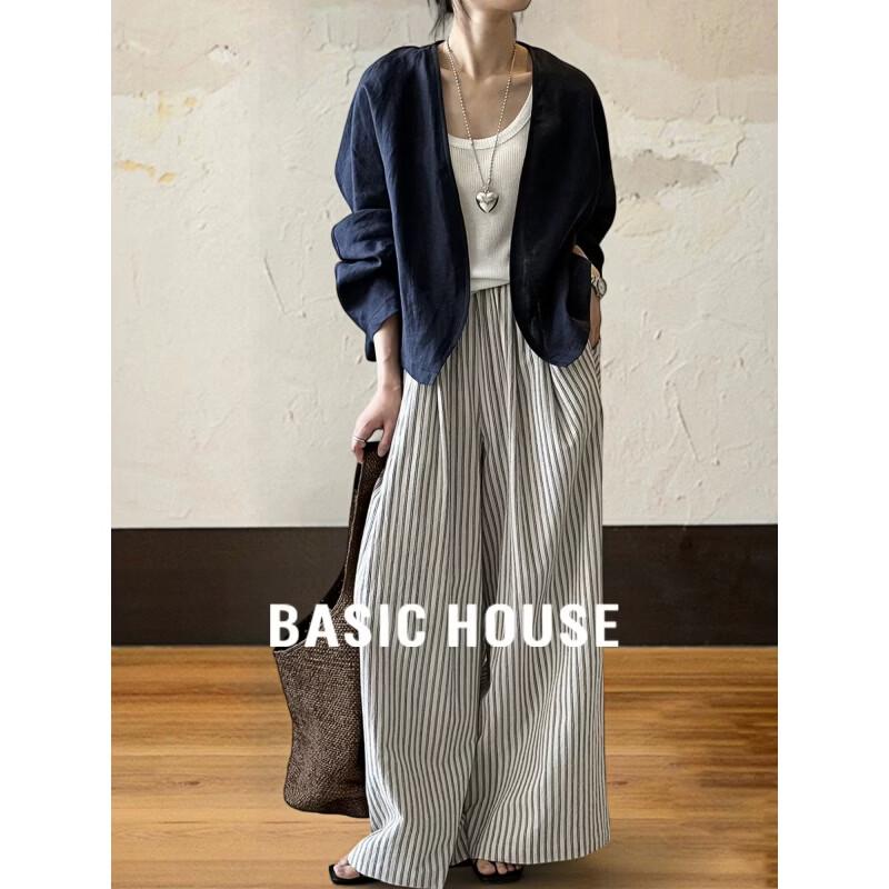 Basic House Women s Striped Draped Wide-Leg Pants L
