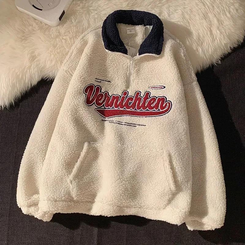 Vintage Lamb Woolen Sweatshirt Women Embroidery Letter Hoodies Winter Warm Fleece Coat Women Fashion Oversized Baseball Streetwear