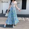 Sukně midi z šifonu v korejském stylu jaro léto pro ženy s vysokým pasem v kontrastní barvě modro-růžová květinová sukně vrstvené volány sladké sukně dámské