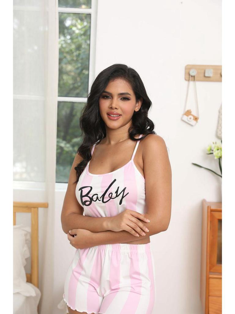 European Summer Fashion Women's Color Block Camisole and Shorts Pajama Set