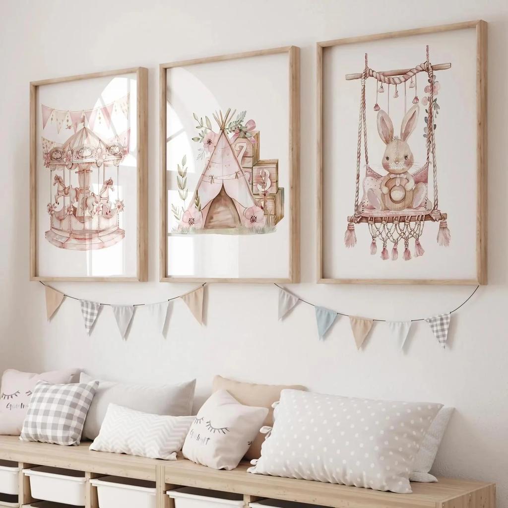 3 Pezzi Orso Giraffa Coniglio della Foresta Stampa su Tela per Nursery Pittura di Animali Selvatici della Giungla Poster Artistico da Parete per Stanza di Bambini e Bambine Decorazione per la Casa