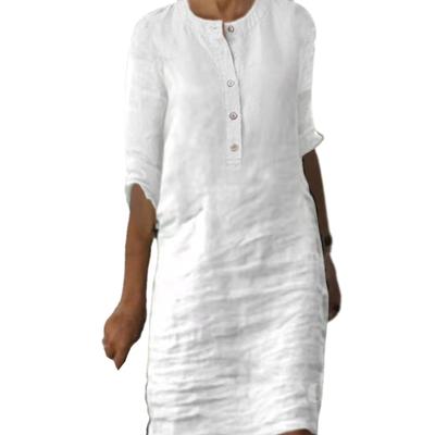 Women Summer Dress Round Neck Three Quarter Sleeves Knee Length Solid Color Buttons Loose Pullover Soft Casual Breathable Lady Midi Dress