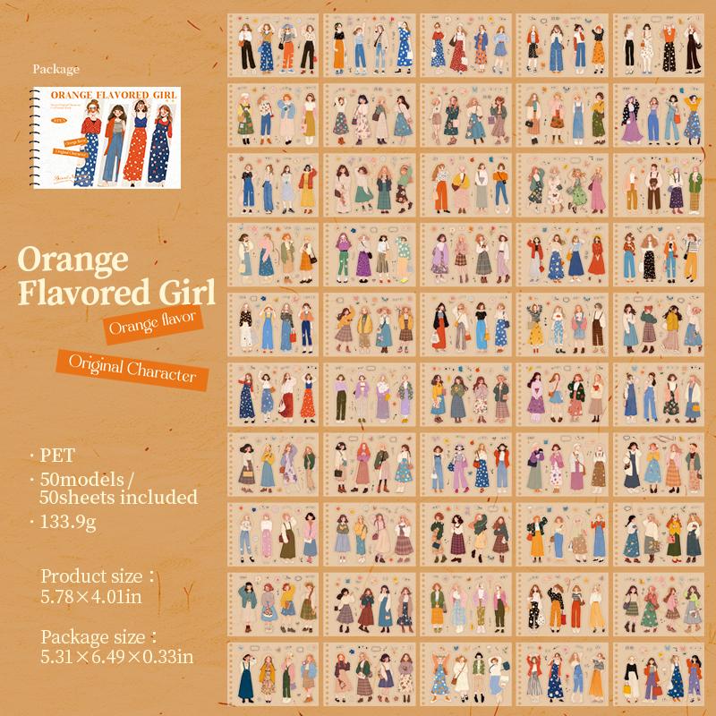 50sheets Orange flavored Girl Series Kawaii PET Die cut Coil Sticker Book DIY Diary Scrapbook Aesthetics Journal Supplies