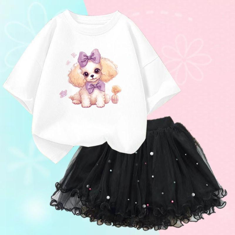 Summer Girls Cute Dog Print T Shirt & Tutu Skirt Two Piece Outfits Party Birthday Christmas Clothes 2-12Y