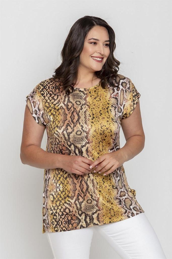 Women's Big Size Blouse Round Neck Snake Pattern Slit Blouse-Yellow