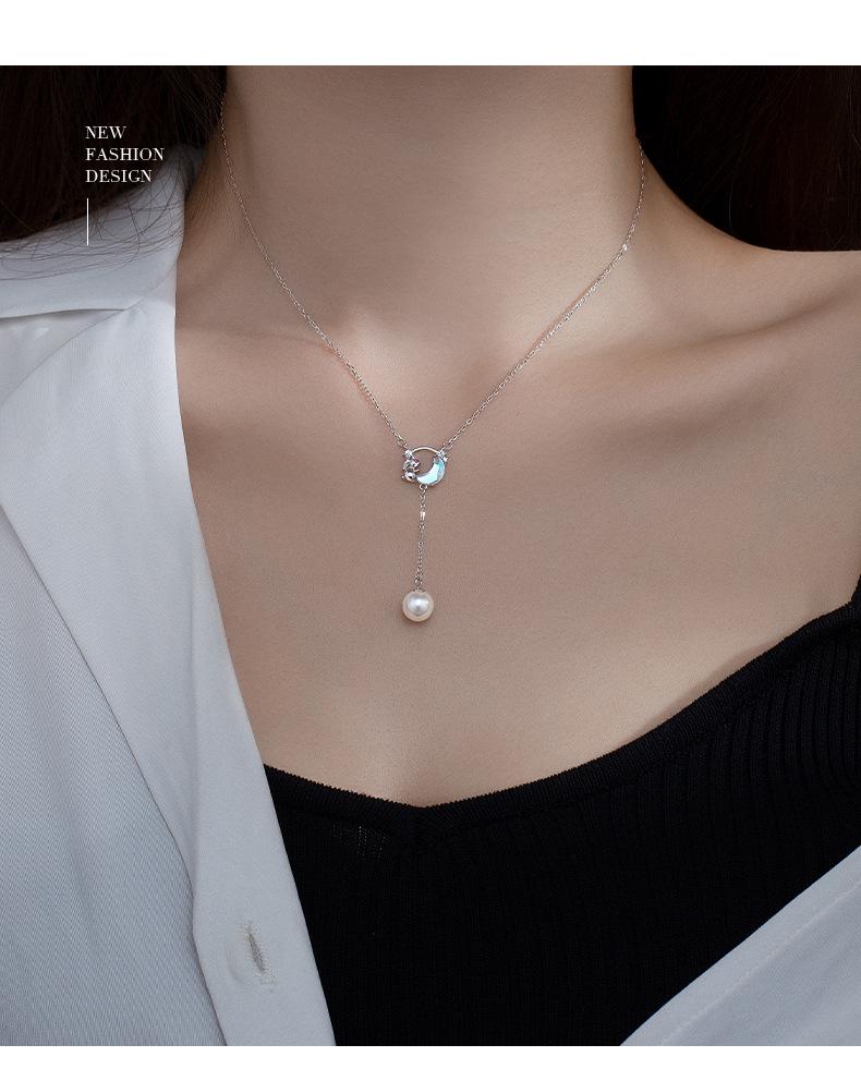 Banyan Tree S925 Sterling Silver Luxury Star & Moon Pearl Tassel Necklace - Elegant Clavicle Accessory for Women