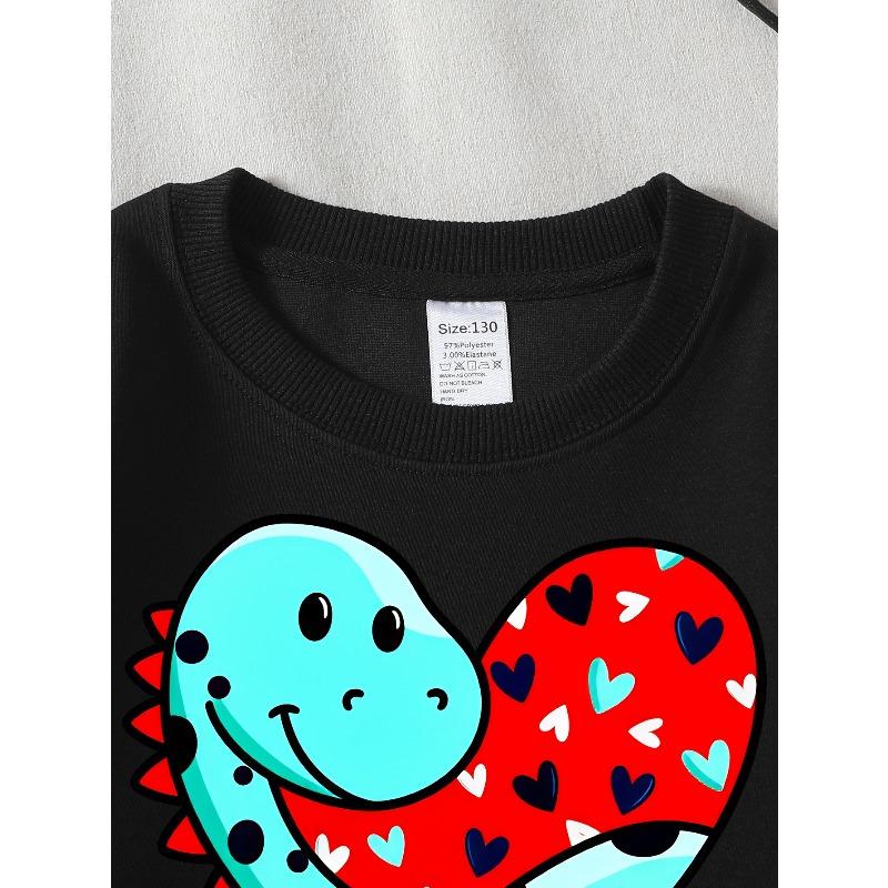 European sizes Girls' Soft Crewneck Sweatshirt with Heart Pattern Dinosaur Cartoon, Casual All-Match for Fall Winter, Ideal Present.