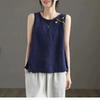 Women's Navy Linen Tank Top Sleeveless Loose Fit Casual Vest with Embroidery Detail