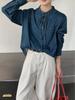 Spring Youth Denim Lace-Up Ruffle Collar Long Sleeve Shirt