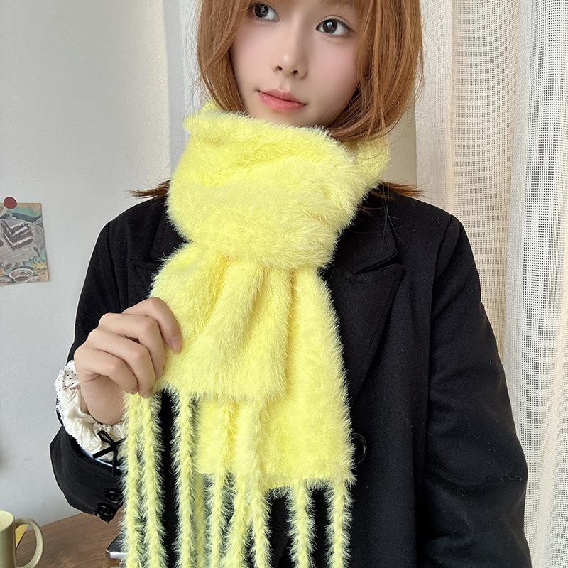 Luochi Knitting~Candy Color Plush Scarf: Soft, Skin-Friendly, Warm Tassels & Braids, Versatile Winter Neck Warmer for Women.