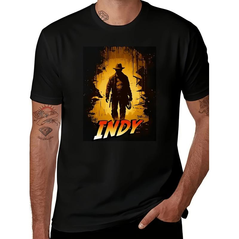 Men's Retro T-Shirt Suitable for Harrison Fans - Iconic Movie Logo & Indy Font Design with Whip/Fedora Pattern - Soft Short Sleeve Casual Round Neck