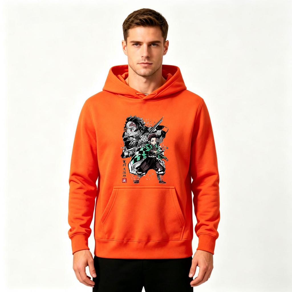 Men Demon Slayer Tanjiro Print Pullover Hoodie Casual Long Sleeve Anime Pattern Sweatshirt