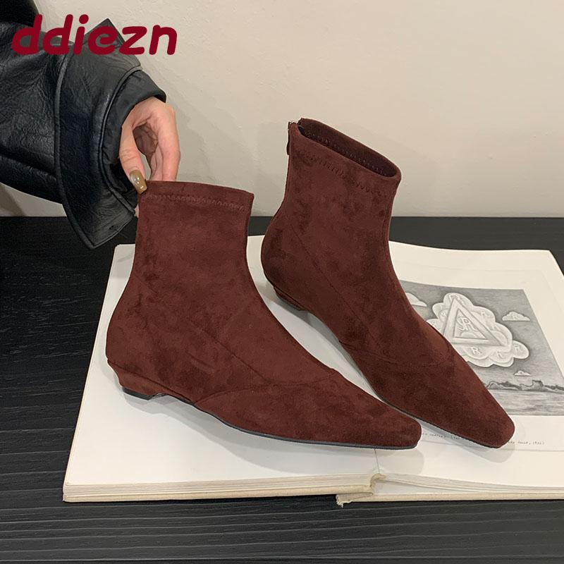 Fashion Fashion Flock Women Ankle Boots Zippers Shoes Female Pointed Toe Footwear Ladies Short Modern Boots With Low Heel Shoes