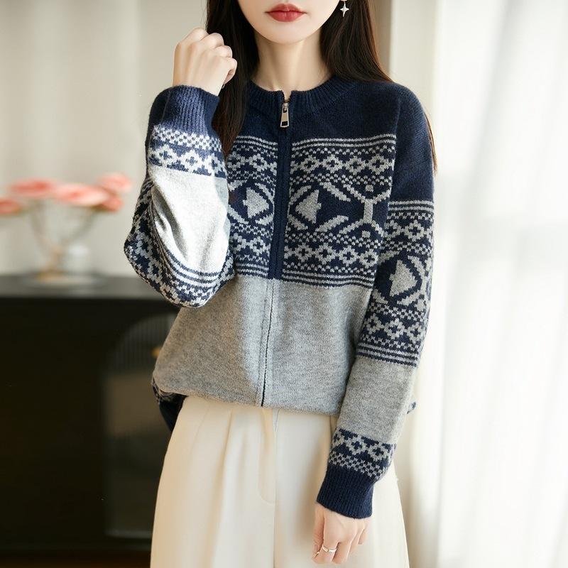 Retro Jacquard Double Zipper Round-neck Knitted Sweater for Women, Long Cardigan Coat, Suitable for All Seasons, Loose-fitting Thick Women's Top