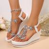 Rhinestone Wedge Sandals Women's Summer Rhinestone Flower Decoration Platform High Heel Large Size Fashion Fairy Shoes Muffin Shoes