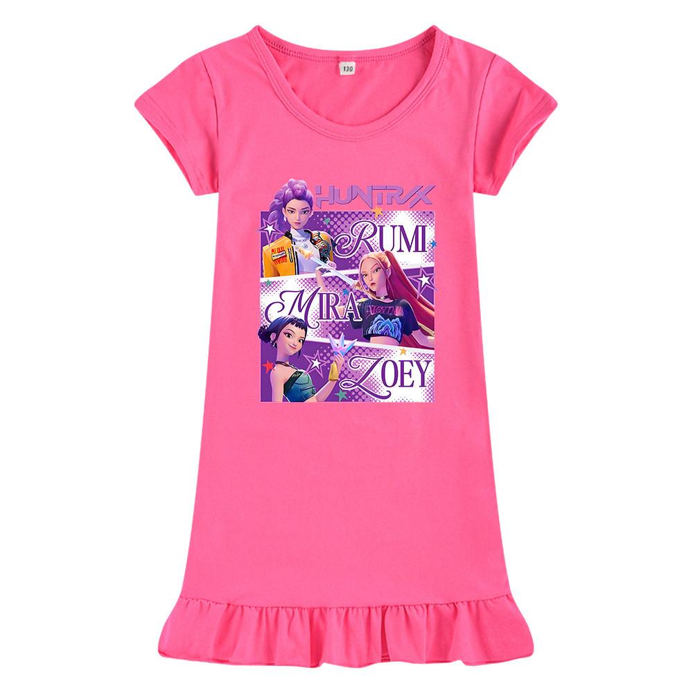 M1199 Kids Girls Kpop Rumi Zoey Mira Print Short Sleeves Ruffle Dress
