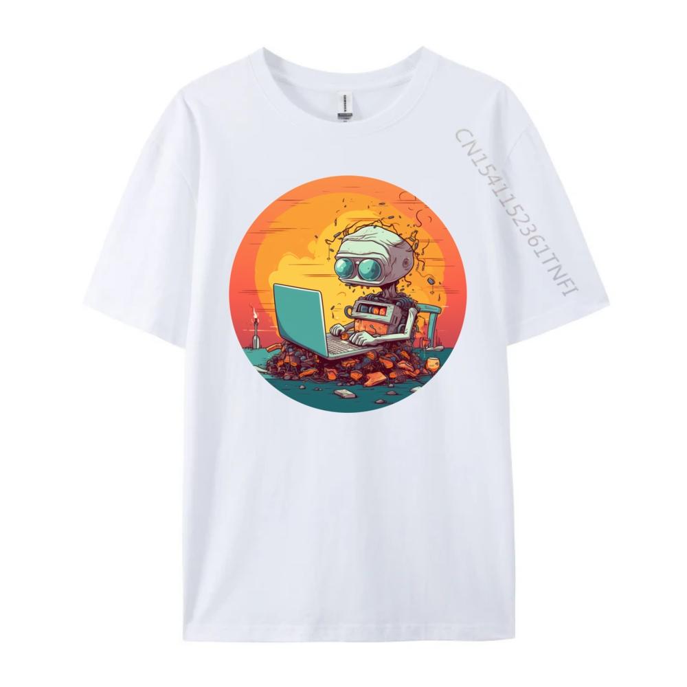 Funny Smart Ai Robot With Laptop For Portable Computer Fans Black Graphic T Shirts Autumn Mens Cotton TShirt Halloween