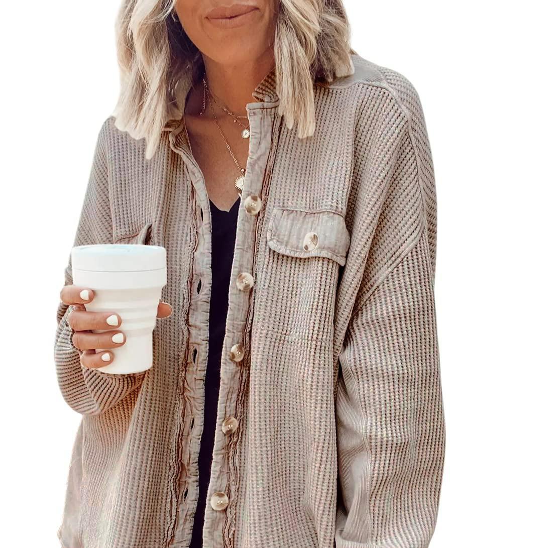 

Осенняя женская мода сплошной цвет пальто свободная повседневная куртка с карманом на пуговицах L легкие хаки