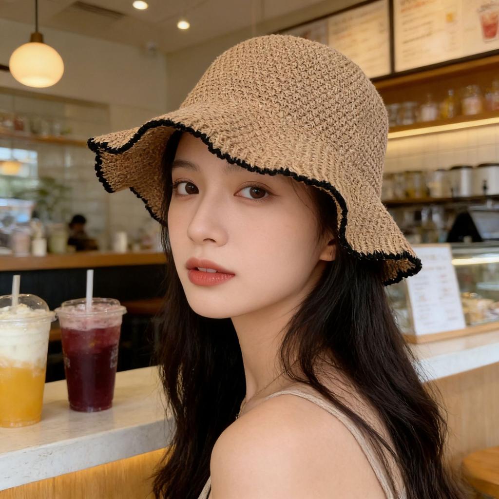 New bucket hat women's summer sunshade sunscreen straw woven basin hat versatile face small wide brim woven hat