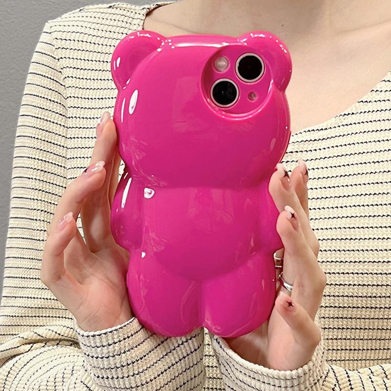Custodia Carina Coreana 3D Cartoon Orso Rosa per iPhone 14 13 12 11 15 16 17 Pro Max Air Animale Adorabile Antiurto Morbida Cover Posteriore