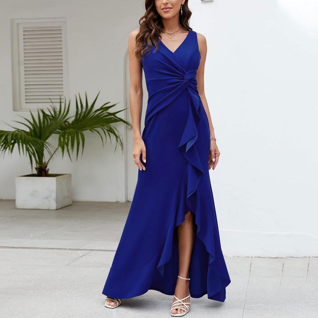 Sexy Slit Ruffled Sleeveless Evening Women's Dresses Fashionable V Neck Slim Pleated Elegant Female Maxi Long Dress