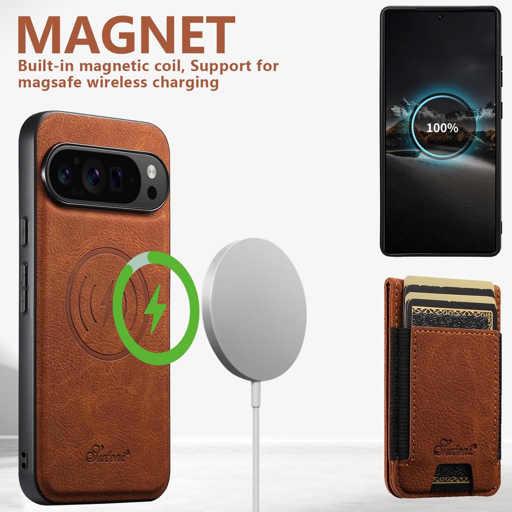 SUTENI H17 For Google Pixel 9 Pro XL Magnetic Case Card Slots Leather+TPU Kickstand Phone Cover