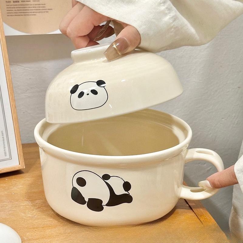 Panda Ceramic Noodle Bowl with Lid and Spoon