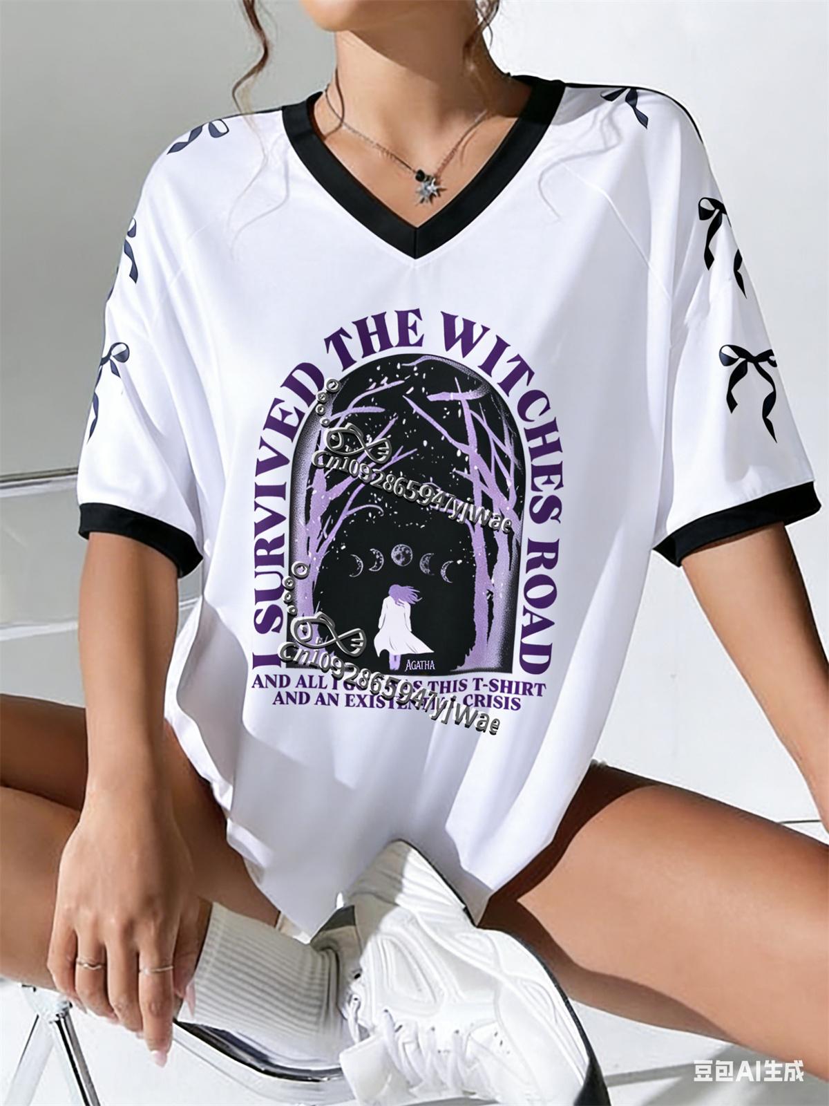 Agatha All Along    I Survived The Witches  Road  T-Shirt Summer Fashion Y2k Street Wear V-Neck Shirt Women S Casual T-Shirts 4XL