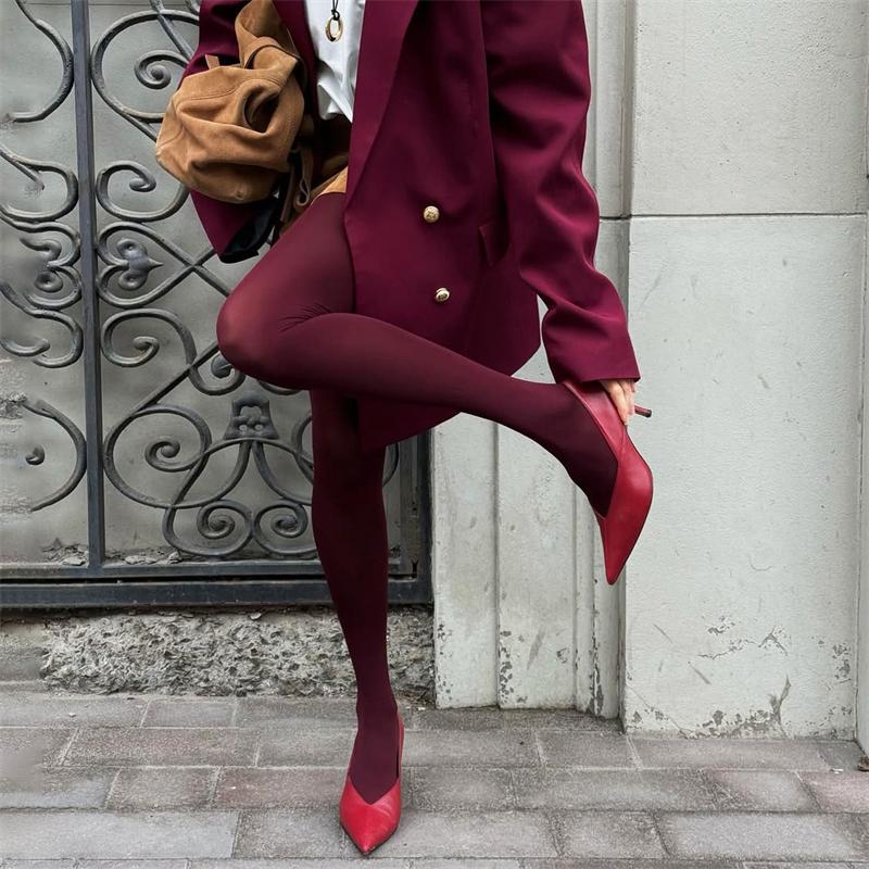 Vintage Red Women's Pantyhose Spring Autumn Super Elastic Y2k Slim Fit Candy Colored Tights Stockings for Females