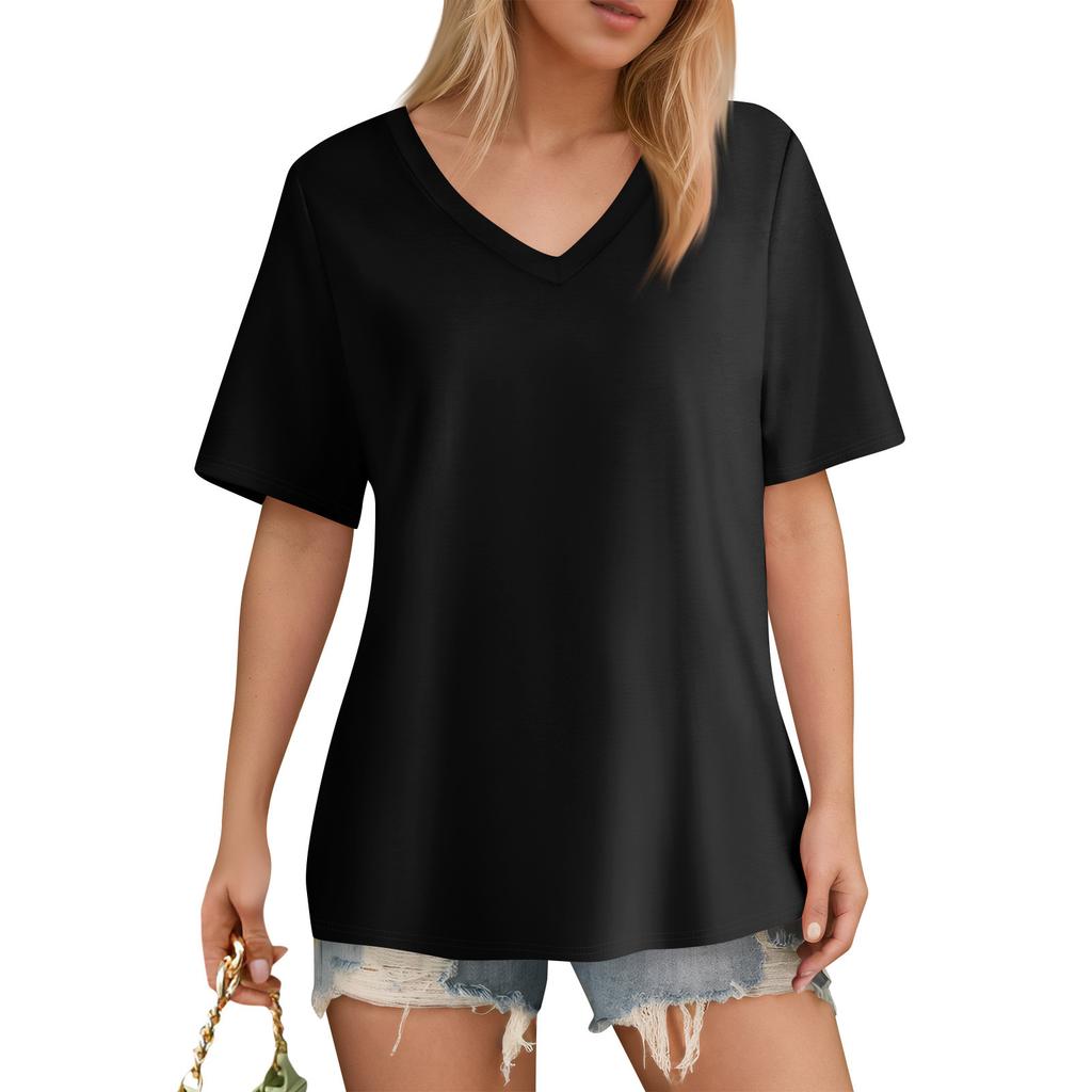 Women's T-Shirt V Neck Short Sleeve Color Casual Loose T-Shirt Top