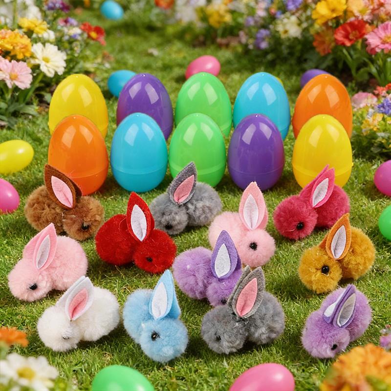 24/48pcs Easter Egg and Plush Bunny Set Kids Surprise Gift Basket Filler Egg Hunt Game Supplies Birthday Party Favors Decoration