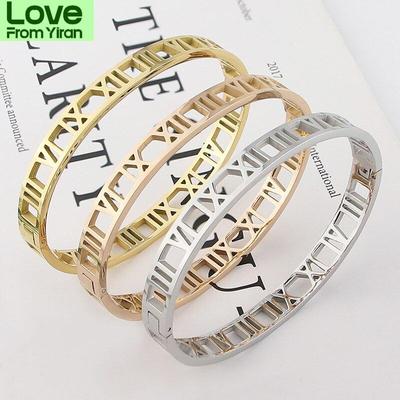 Sell Classic Design 3 Colors Beautiful And Elegant Hollow Roman Numeral Bracelets &Bangles Stainless Steel Bangle For Woman