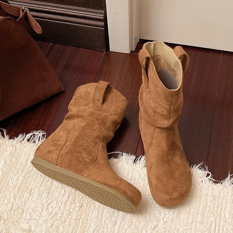 Retro pleated stacked short Martin boots women's autumn new simple and thin retro flat knight boots