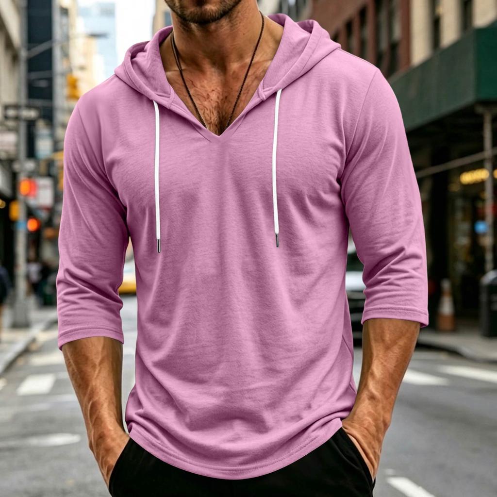 Men's Loose Fit Casual Hoodie Lightweight Pullover with 3/4 Sleeve Drawstring Hooded Shirt for Everyday Wear