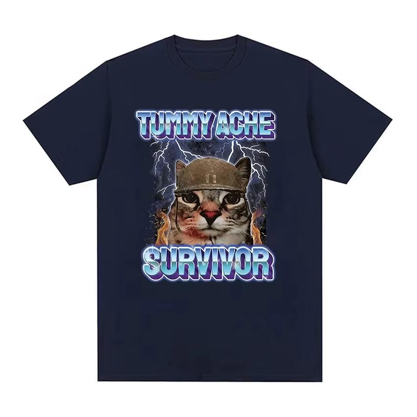Vintage Tummy Ache Survivor Funny Cat Meme Tee Shirt Men Women Clothing Fashion Short Sleeve T-shirt Casual Pure Cotton T Shirts