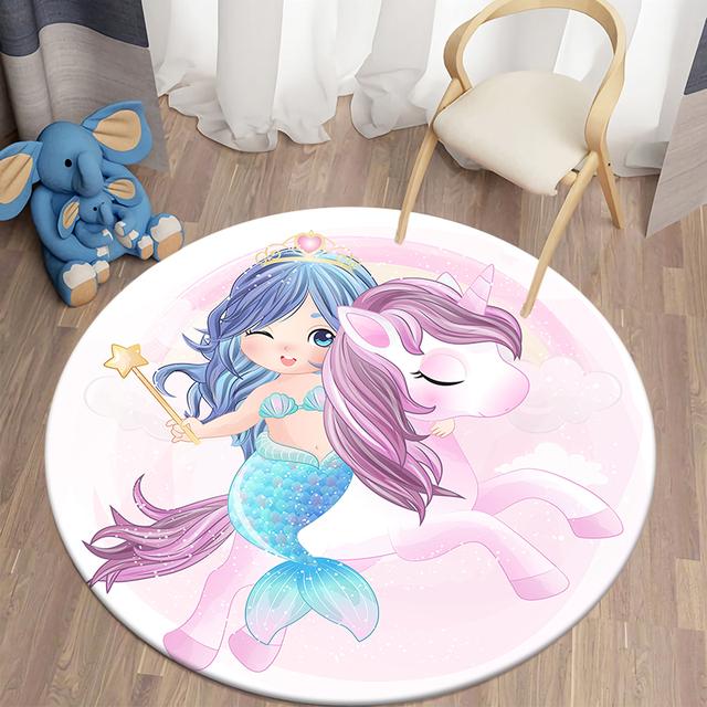 Cartoon Mermaid Pattern Round Carpet Living Room Anti -Slip Carpet Family Bedroom Decorative Floor Mats Children 'S Room Soft Mats