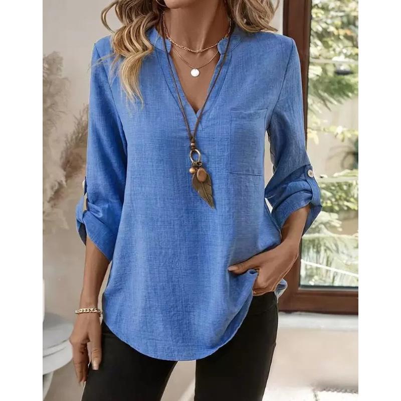 Spring/Summer 2026 European & American Women's Plus Size V-Neck Solid Color Casual Loose Shirt
