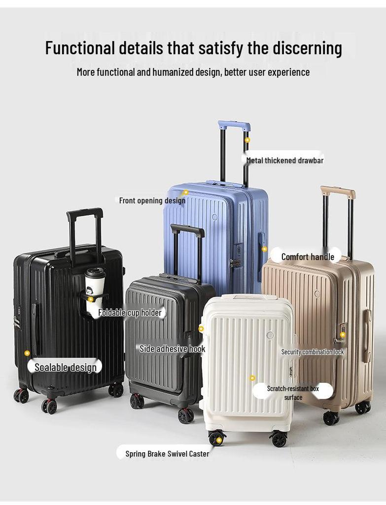 Side-Opening Expandable Luggage Set: Includes Large 24-Inch Suitcase with 20-Inch Carry-On, Silent Universal Wheels, and Trolley Attachment.