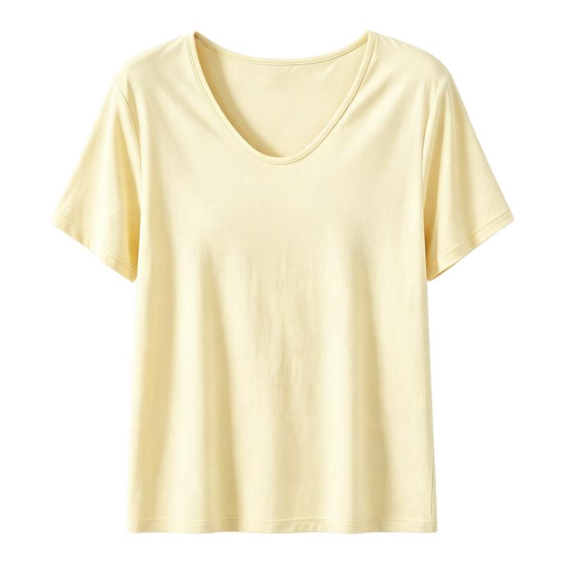 Women's Short Sleeve Top V Neck Casual Loose Fit Ice Silk Ribbed T-Shirt Solid Color Daily Wear Blouse