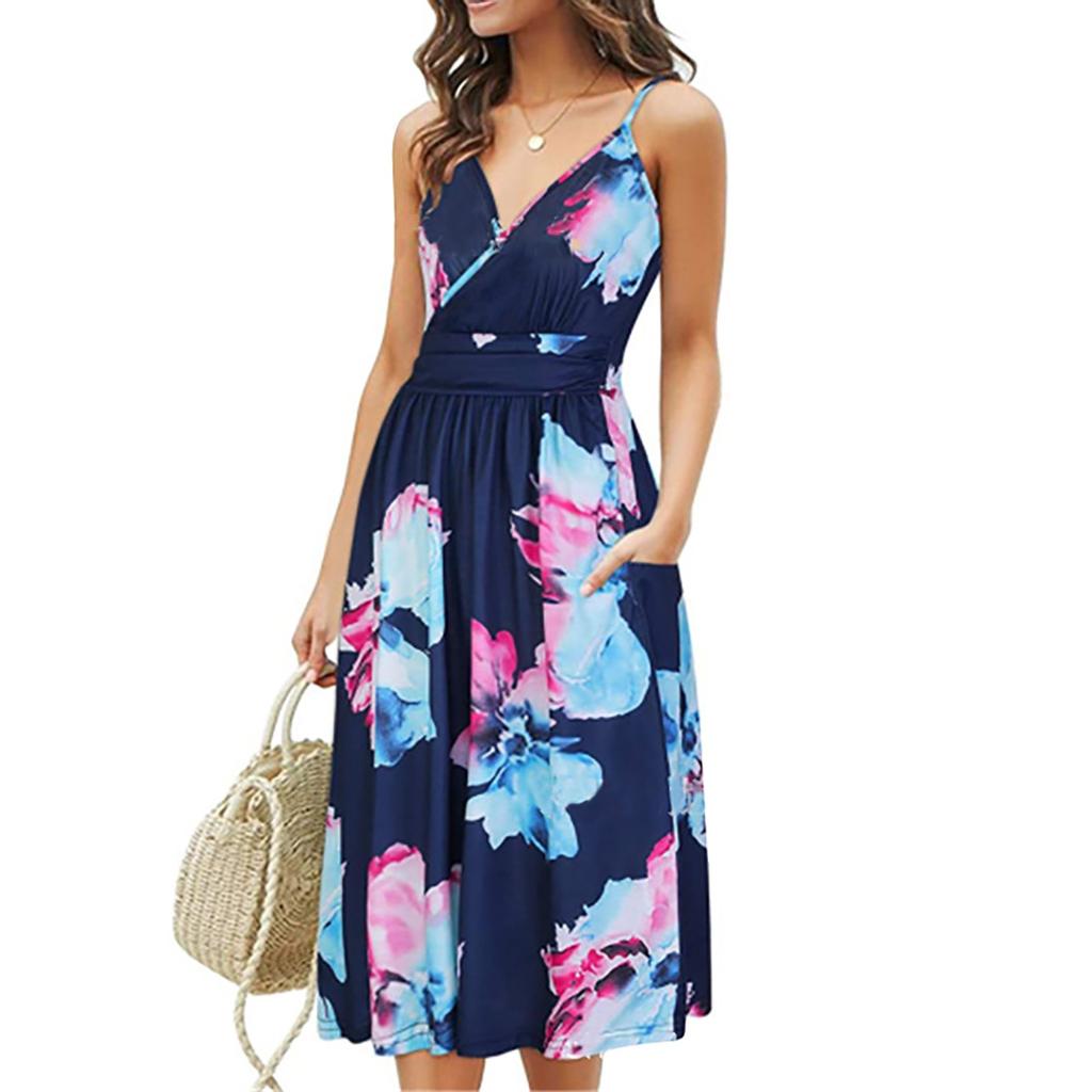 Women Casual Loose Pocket  Dress Fashion Beach Style Sleeveless Temperamental