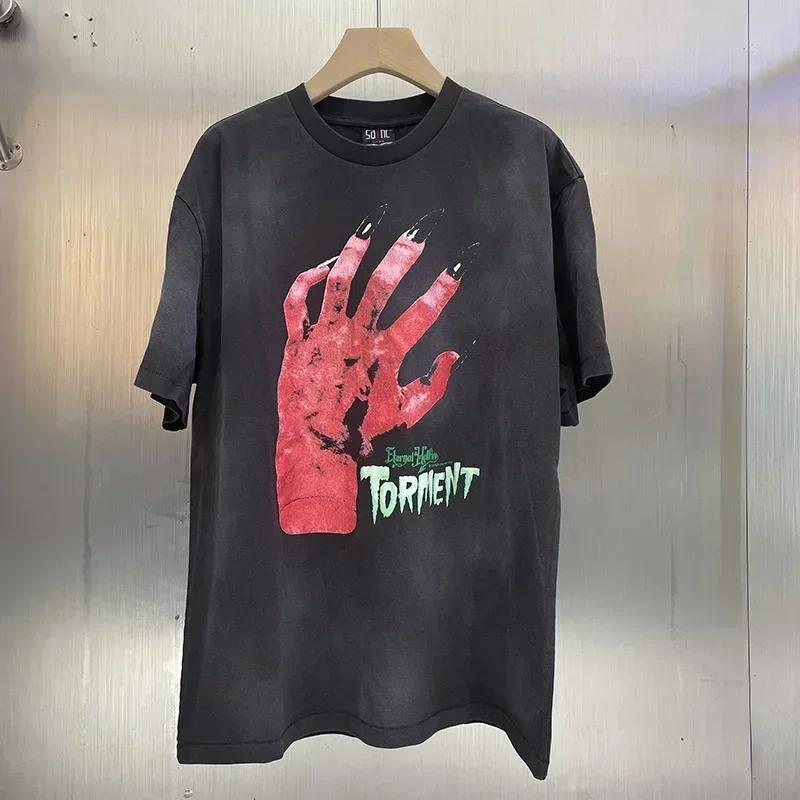 2025 Summer High Quality Cotton Classic Logo Graphics Print Saint Tshirt Unisex Unisex Vintage Washed Black T Shirt Loose Tee