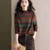 Retro Striped Long Sleeve T-Shirt Women's Loose Belly Covering Slimming Age-Defying Top Casual Style Polyester Fiber Round Neck