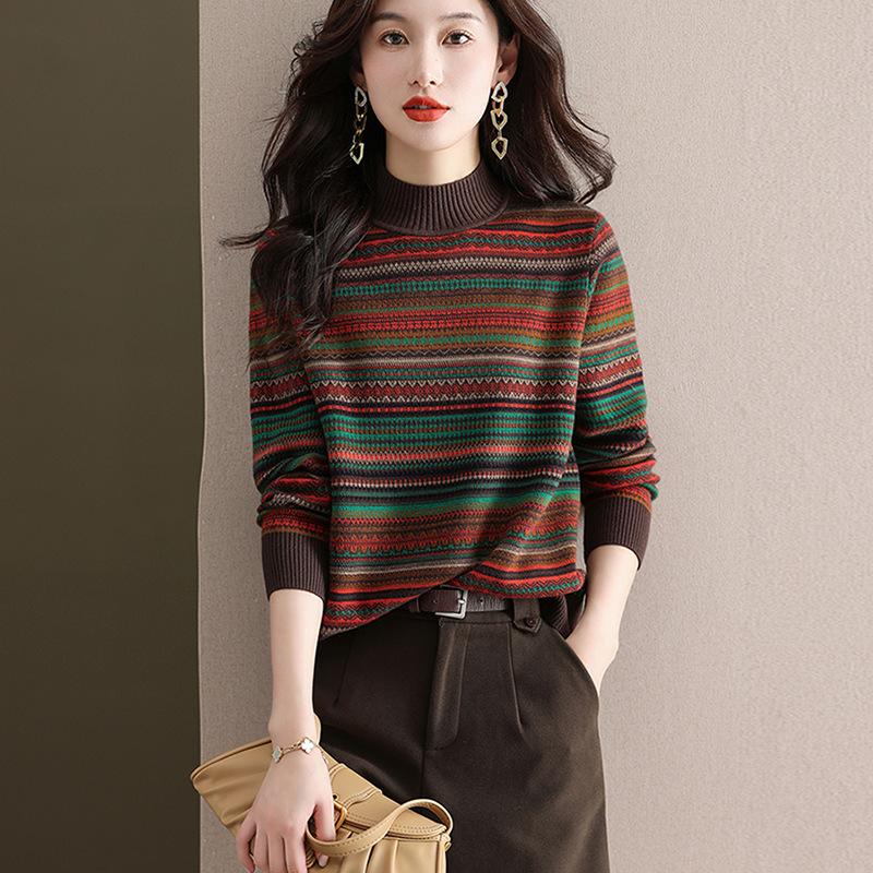 Retro Striped Long Sleeve T-Shirt Women's Loose Belly Covering Slimming Age-Defying Top Casual Style Polyester Fiber Round Neck